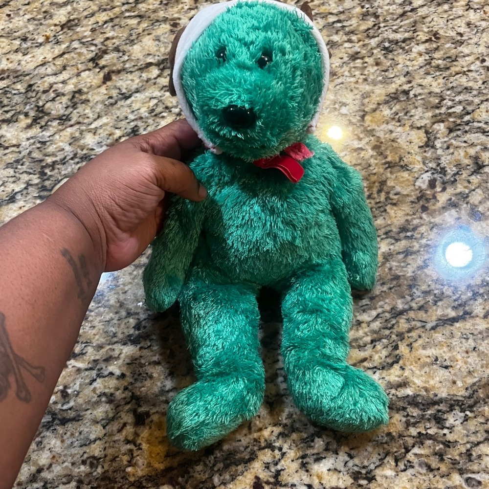 2003‎ Ty Beanie Buddy Seasons Bear Green Reindeer Antlers Santa Hat  Plush 15"